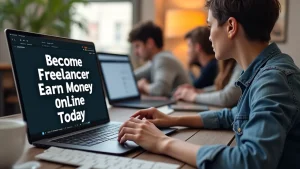 The image shows a person working on a laptop at a desk, representing how to become a freelancer and earn money online today.