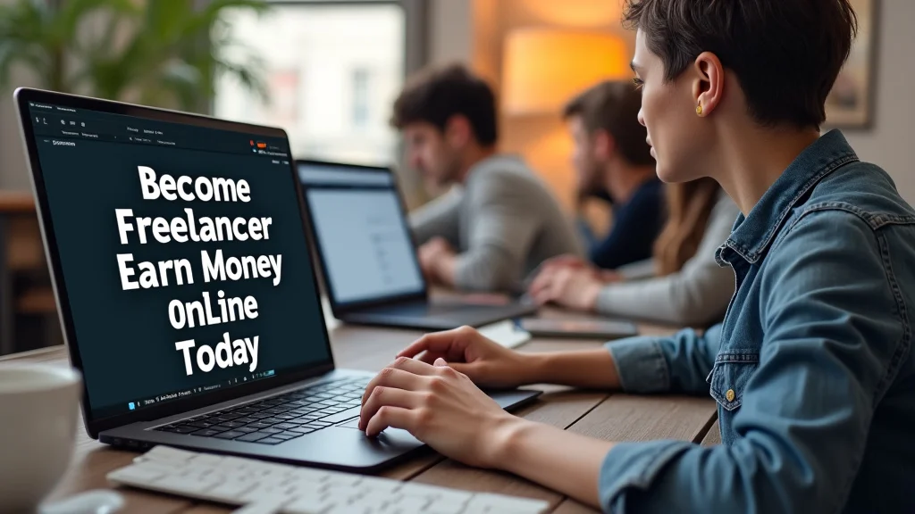 The image shows a person working on a laptop at a desk, representing how to become a freelancer and earn money online today.